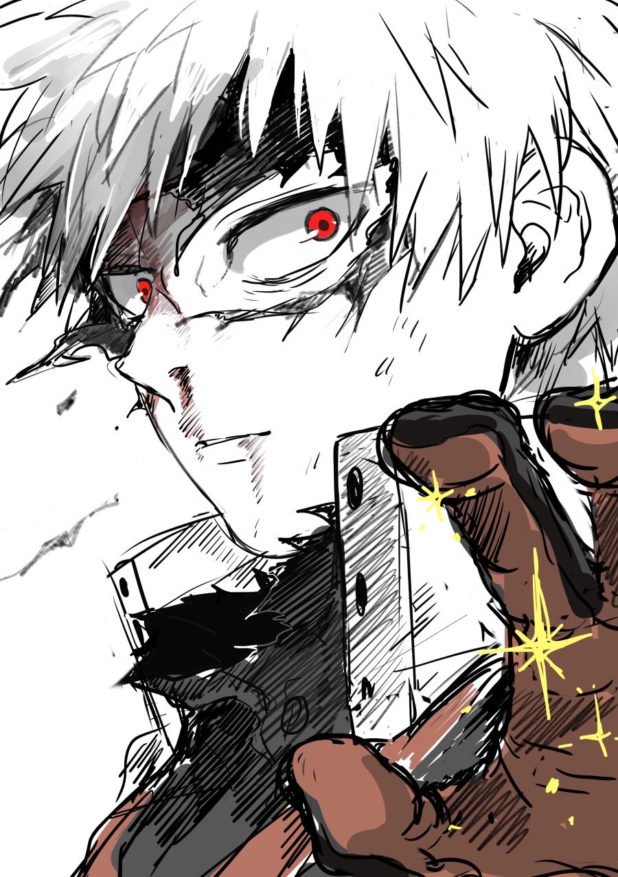 1boy arm_up bakugou_katsuki black_shirt blood boku_no_hero_academia bruise bruise_on_face commentary_request debris from_side gloves highres injury looking_to_the_side male_focus mask meat_meet nosebleed parted_lips red_eyes shirt short_hair sideways_glance solo sparkle spiked_hair superhero_costume torn_clothes torn_mask torn_shirt upper_body