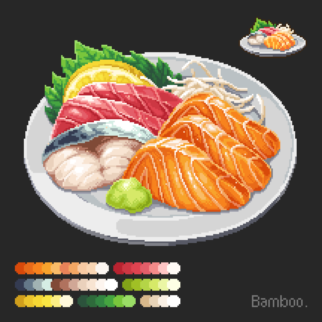 artist_name bamboobeboo black_background color_guide fish_(food) food food_focus fruit lemon lemon_slice no_humans original pixel_art salmon sashimi seafood simple_background wasabi