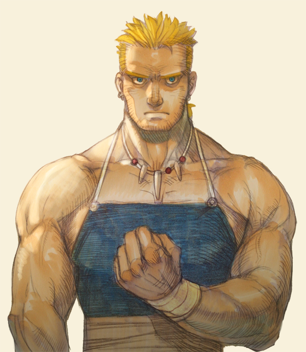 1boy aquiline_nose bara beard_stubble blonde_hair clenched_hand facial_hair final_fantasy final_fantasy_vi frown jewelry large_pectorals looking_at_viewer male_focus mature_male midriff_sarashi muscular muscular_male necklace nose overalls pectoral_cleavage pectorals ponytail prema-ja sabin_rene_figaro sarashi serious short_hair short_ponytail sidepec solo straight-on stubble thick_eyebrows tooth_necklace upper_body white_background