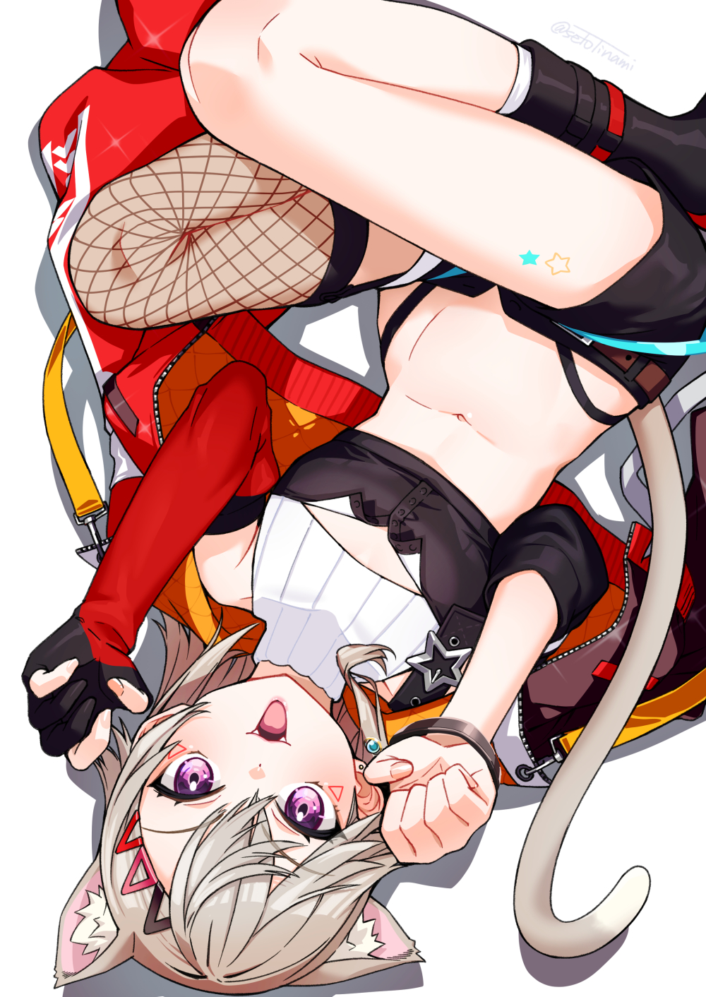 1girl animal_ears blonde_hair commentary_request elbow_gloves facial_mark fangs fingerless_gloves fishnet_thighhighs fishnets gloves hair_ornament hairclip highres jacket kemonomimi_mode komori_met komori_met_(5th_costume) looking_at_viewer lying navel on_back open_clothes open_jacket open_mouth orange_eyes seto_tinami single_thighhigh solo tail thighhighs virtual_youtuber vspo! white_background