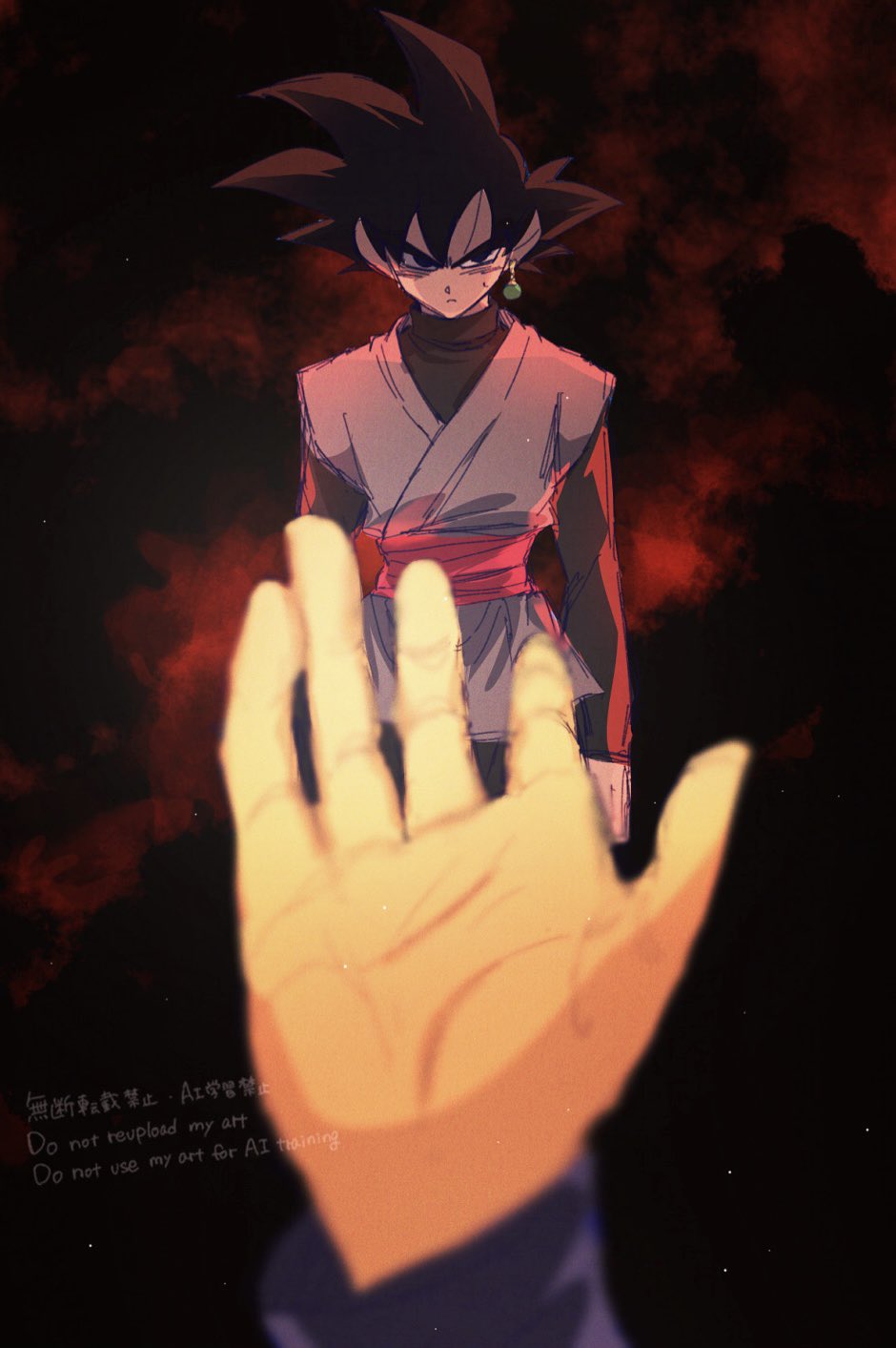 2boys black_bodysuit black_eyes black_hair black_pants bodysuit colored_skin dougi dragon_ball dragon_ball_super earrings goku_black gowasu highres jewelry komesan_0212 long_sleeves looking_ahead multiple_boys pants potara_earrings reaching red_sash saiyan sash spiked_hair yellow_skin