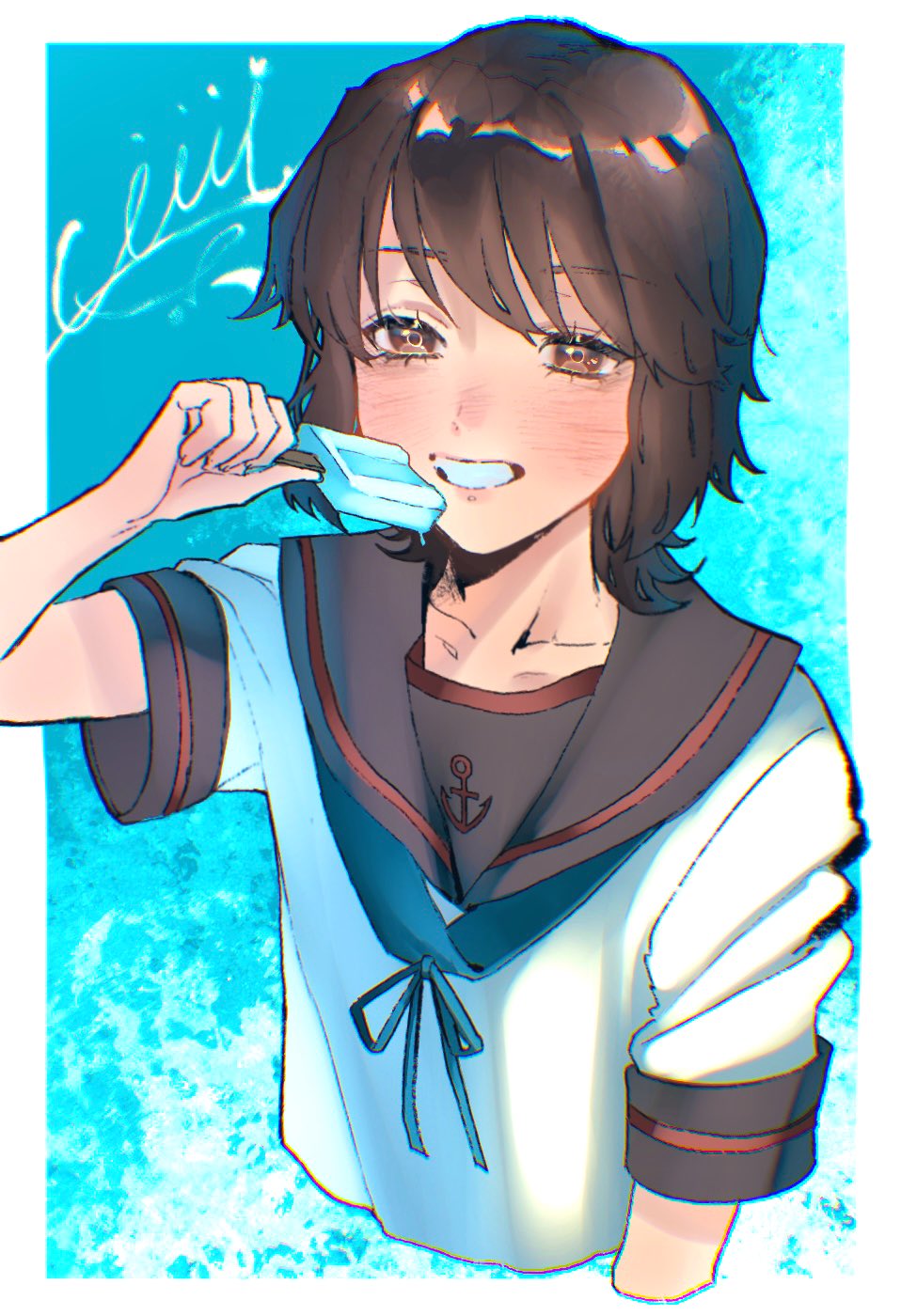 1girl black_sailor_collar blue_neckerchief blush brown_eyes brown_hair cropped_torso food grin highres holding holding_food holding_popsicle kantai_collection looking_at_viewer miyuki_(kancolle) miyuki_kai_ni_(kancolle) neckerchief oucha_(aupt31) popsicle sailor_collar school_uniform serafuku short_sleeves signature smile solo upper_body
