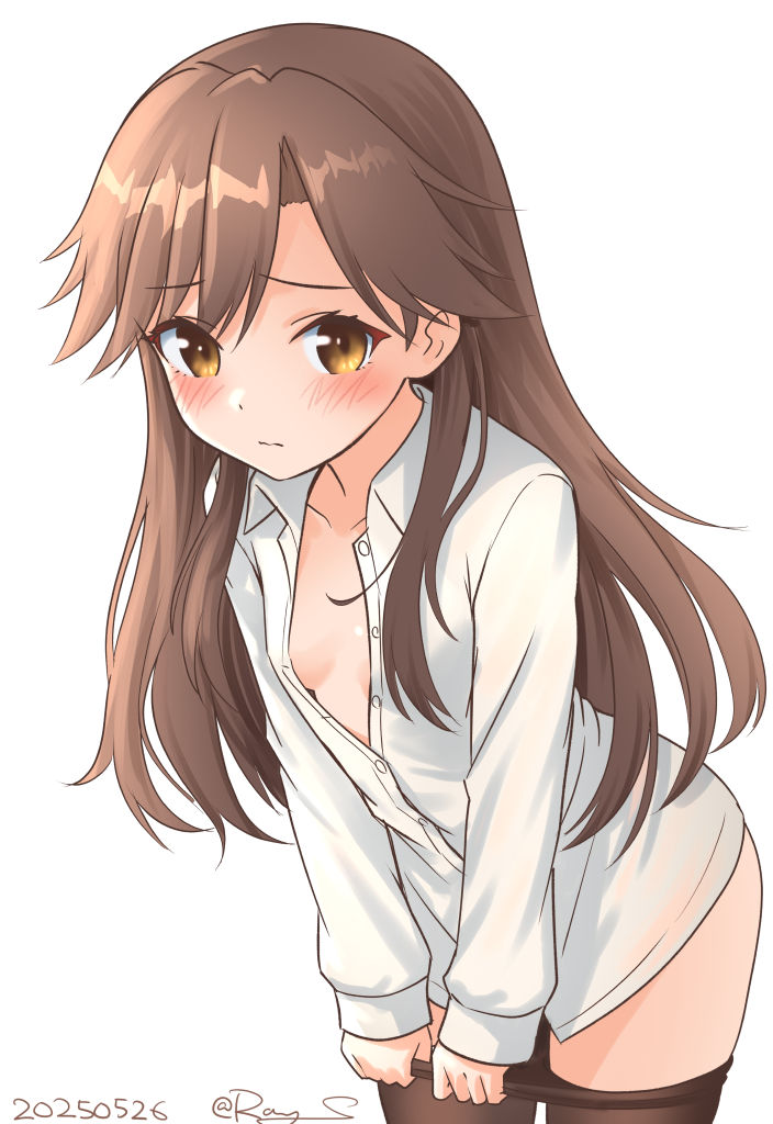 1girl arashio_(kancolle) black_pantyhose breasts brown_eyes brown_hair clothes_pull collared_shirt dated dress_shirt kantai_collection leaning_forward long_hair looking_at_viewer open_clothes open_shirt pantyhose pantyhose_pull ray.s shirt simple_background small_breasts solo twitter_username white_background white_shirt