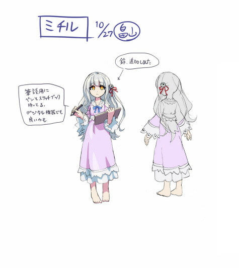 azure_striker_gunvolt azure_striker_gunvolt_2 commentary_request concept_art dress full_body grey_hair long_hair mytyl_(gunvolt) official_art purple_dress reference_sheet simple_background translation_request white_background yellow_eyes