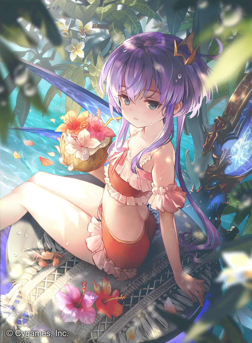 1girl arm_support ass bare_shoulders bikini bikini_shorts blue_eyes breasts butt_crack coconut_cup collarbone company_name crab crossed_bangs crown drinking_straw feet_out_of_frame floating flower frilled_bikini frills from_above looking_at_viewer looking_back mikebosi nature ocean official_art orange_bikini orange_flower parted_lips petals pink_flower purple_hair shadowverse shadowverse_evolve shingeki_no_bahamut short_hair shorts sitting sitting_on_object small_breasts solo spinaria_(shingeki_no_bahamut) strap sweat swimsuit thighs tree water white_flower yellow_flower