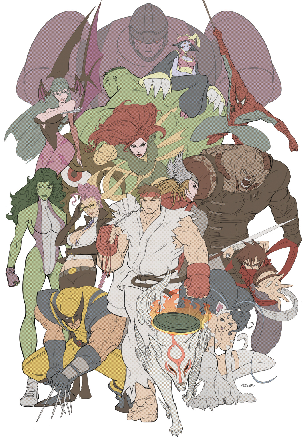 10s :d ahoge amaterasu_(ookami) animal_ears animal_hands animal_print antenna_hair arm_hair armor avengers_(series) back bald bandages bare_shoulders barefoot bat_print bat_wings bdsm belt between_breasts big_hair blonde_hair blue_eyes blue_hair blue_skin body_hair bodysuit bondage bound breasts bridal_gauntlets brown_hair bruce_banner capcom cape cat_ears chainmail claws cleavage cleavage_cutout clenched_hands clothing_cutout colored_skin crimson_viper crop_top crossover darkstalkers dougi earrings elbow_gloves eric_vedder everyone facial_mark felicia_(darkstalkers) fingerless_gloves fire frown glasses gloves green_hair halftone halterneck hat head_wings heart heart_cutout helmet high_collar highleg highleg_leotard highres hsien-ko hulk jennifer_walters jewelry jiangshi large_breasts leotard lips lipstick looking_at_viewer looking_back makeup martial_arts_belt marvel marvel_vs._capcom marvel_vs._capcom_3 mask midriff monster morrigan_aensland multiple_boys multiple_girls muscular narrow_waist necktie nemesis_(resident_evil) ninja ofuda one-eyed ookami_(game) open_clothes open_mouth open_shirt outstretched_hand pants pantyhose patterned_legwear phoenix_(x-men) pompadour print_legwear purple_hair purple_legwear red_hair resident_evil robot ryu_(street_fighter) sash scar sentinel_(x-men) she-hulk shirt shoes short_hair shuma_gorath signature simple_background sitting sitting_on_shoulder size_difference smile sneakers spider-man spider-man_(series) squatting standing street_fighter strider_(video_game) strider_hiryuu sunglasses suspension sword teeth thick_eyebrows thor_(marvel) topless_male torn_clothes v_arms wavy_hair weapon white_background wide_hips winged_helmet wings wolf wolverine_(x-men) x-men
