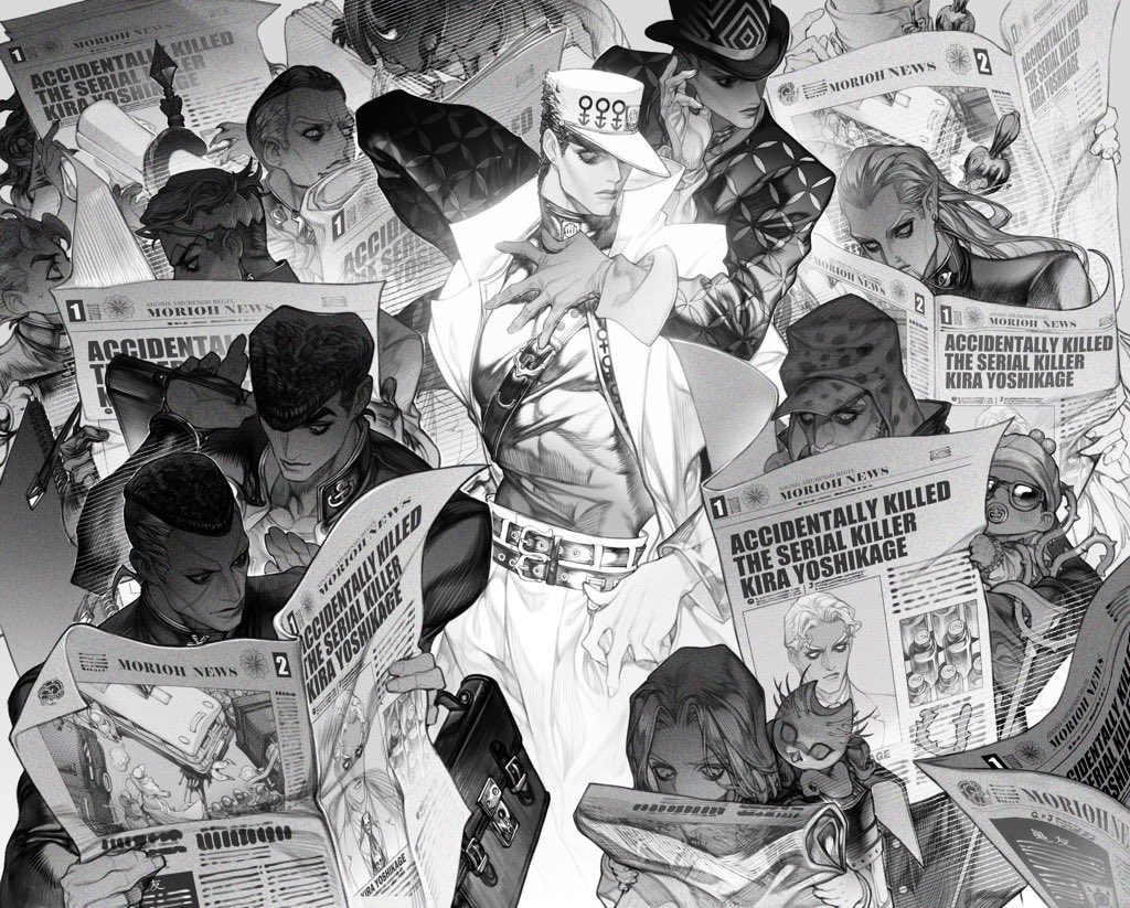 2girls 6+boys annotated baby bag briefcase commentary creature diamond_wa_kudakenai echoes_(stand) echoes_act2 everyone fungami_yuya gakuran gloves grandfather_and_grandson greyscale hat hazekura_mikitaka hermit_purple higashikata_josuke hirose_koichi holding holding_newspaper jojo_no_kimyou_na_bouken joseph_joestar joseph_joestar_(old) kidlu_jiu kira_yoshikage kishibe_rohan kuujou_joutarou monochrome multiple_boys multiple_girls newspaper nijimura_okuyasu pointy_ears pompadour reading school_bag school_briefcase school_uniform shizuka_joestar spoilers stand_(jojo) stray_cat_(jojo) tonio_trussardi uncle_and_nephew yamagishi_yukako
