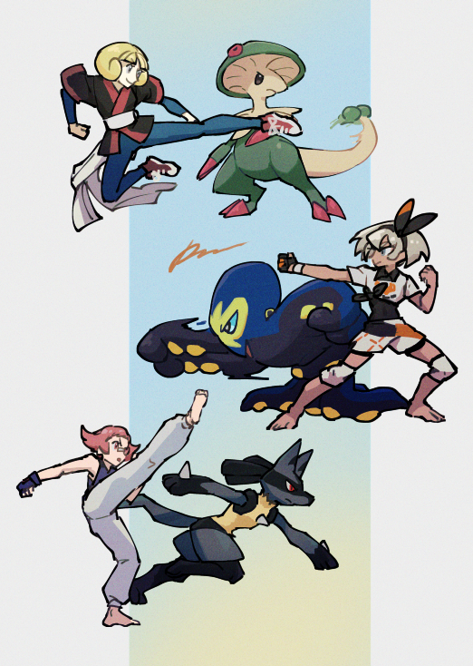3girls bandaid bandaid_on_face bandaid_on_nose barefoot bea_(pokemon) black_bodysuit black_gloves black_hairband black_jacket blonde_hair bodysuit bodysuit_under_clothes bow_hairband breloom commentary_request dynamax_band fingerless_gloves gen_3_pokemon gen_4_pokemon gen_8_pokemon gloves grapploct greta_(pokemon) hairband jacket kicking knee_pads legs_apart lucario maylene_(pokemon) multiple_girls nintendo pants partially_fingerless_gloves pink_eyes pink_hair pokemon pokemon_dppt pokemon_emerald pokemon_rse pokemon_swsh print_shirt print_shorts sagemaru-br sash shirt shoes short_hair short_sleeves shorts signature single_glove sneakers toes white_sash