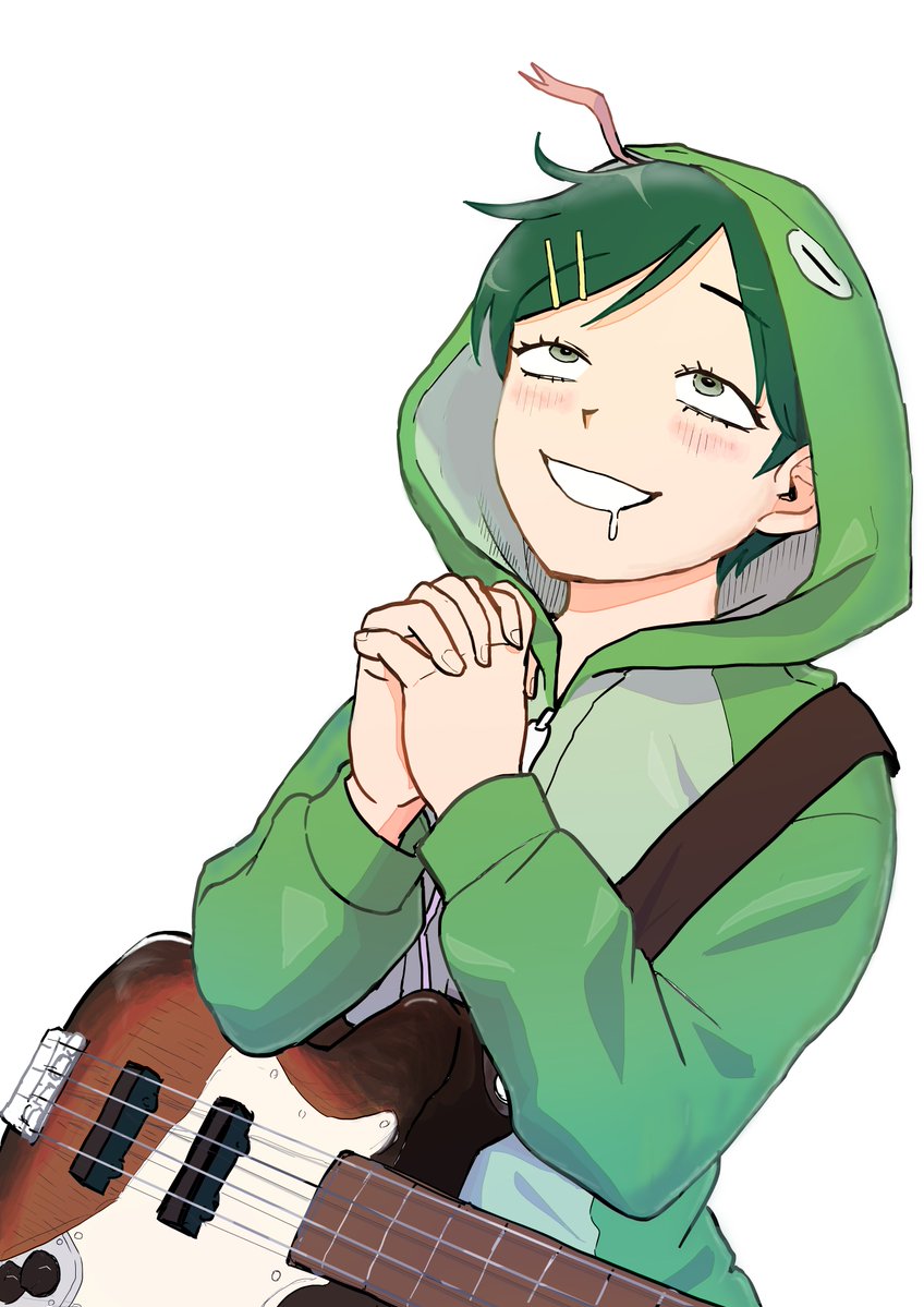 1girl :d animal_costume bass_guitar blush commentary cosplay drooling fender_jazz_bass futsuu_no_keion-bu green_hair guitar_strap hair_ornament hairpin hood hood_up instrument interlocked_fingers kigurumi kouyama_rin long_sleeves mouth_drool open_mouth own_hands_clasped own_hands_together pixie_cut rolling_eyes ryo_tatzoka short_hair simple_background smile snake_costume snake_hood solo upper_body white_background