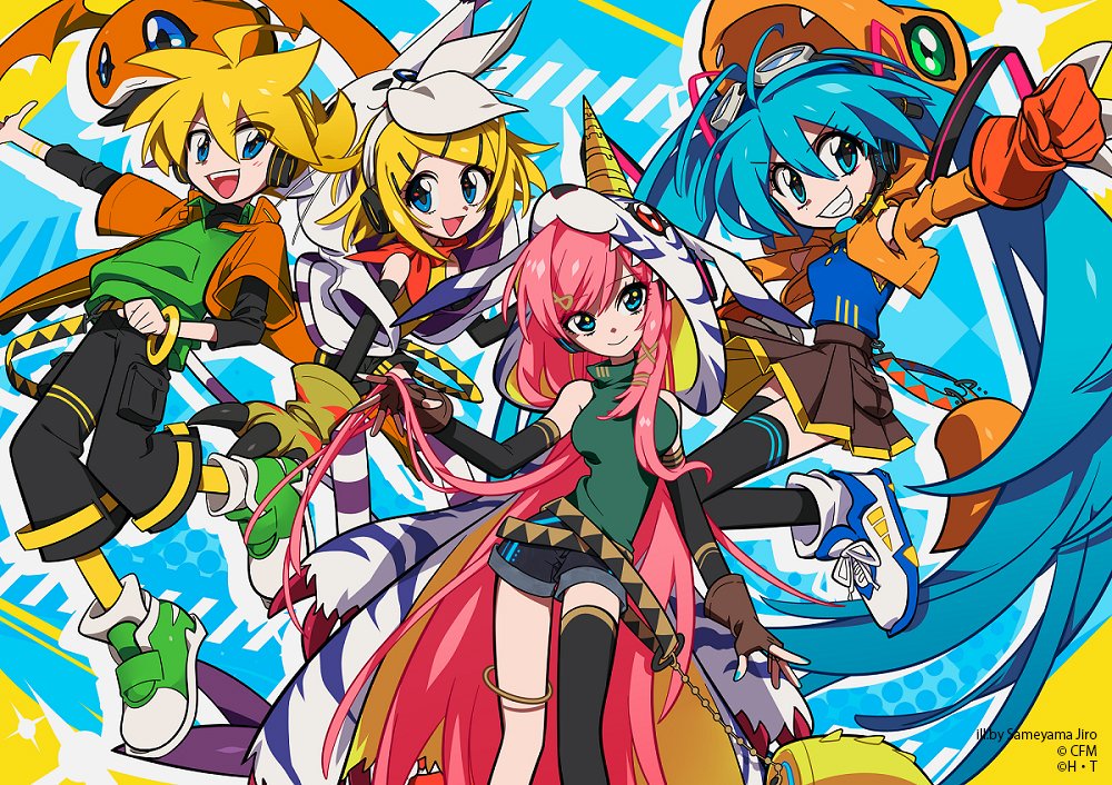 1boy 3girls agumon animal_hands animal_hood aqua_eyes aqua_hair aqua_nails arm_warmers ascot asymmetrical_legwear bare_shoulders belt black_legwear black_pants blonde_hair blue_shirt bow bracelet brown_skirt cat_paws commentary cosplay crossover digimon fangs fingerless_gloves gabumon gloves goggles goggles_on_head green_eyes green_hoodie grin hair_bow hair_flip hair_ornament hairclip hatsune_miku headphones headset hood hoodie horns ishida_yamato ishida_yamato_(cosplay) jacket jewelry kagamine_len kagamine_rin leaning_forward long_hair looking_at_viewer megurine_luka multiple_girls nail_polish open_mouth orange_jacket outstretched_arm pants patamon pink_hair red_ascot red_gloves sameyama_jiro shirt shoes short_hair single_horn skirt smile sneakers spiked_hair striped_legwear tailmon takaishi_takeru takaishi_takeru_(cosplay) thighhighs thighlet twintails uneven_legwear very_long_hair vocaloid white_bow white_footwear white_fur yagami_hikari yagami_hikari_(cosplay) yagami_taichi yagami_taichi_(cosplay) zettai_ryouiki