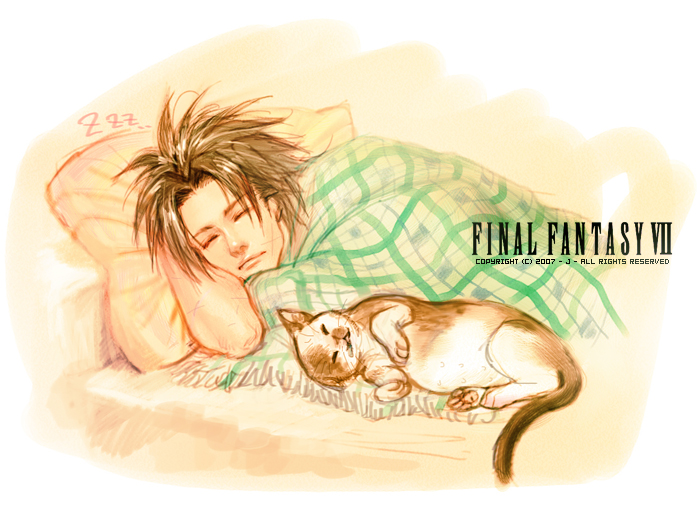 1990s_(style) 1boy blanket brown_hair cat final_fantasy final_fantasy_vii j_(onose1213) male_focus sleeping solo zack_fair