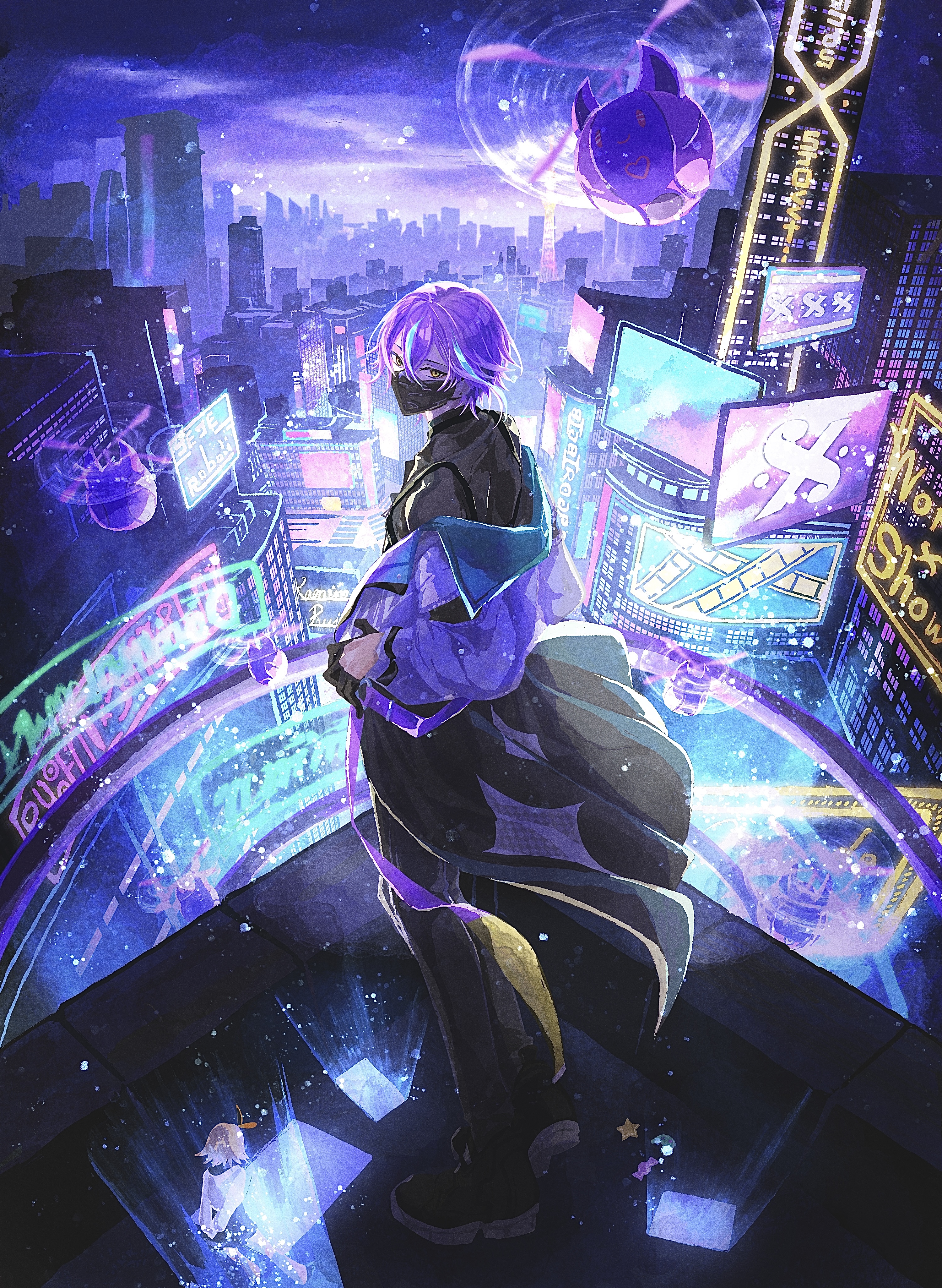 1boy 1girl absurdres black_coat black_footwear black_gloves black_mask black_pants blonde_hair blue_hair building candy canop_s city_lights cityscape coat drone food full_body gloves grey_shirt gyakkou_no_lens_flare_(project_sekai) hair_ribbon highres hologram holographic_monitor kagamine_rin kamishiro_rui light_particles looking_at_viewer looking_back male_focus mask mouth_mask multicolored_coat multicolored_hair off_shoulder official_alternate_costume pants project_sekai purple_coat purple_hair ribbon shirt short_hair skyline skyscraper standing streaked_hair two-tone_coat vocaloid white_shirt wonderlands_x_showtime_(project_sekai) wonderlands_x_showtime_rin yellow_eyes
