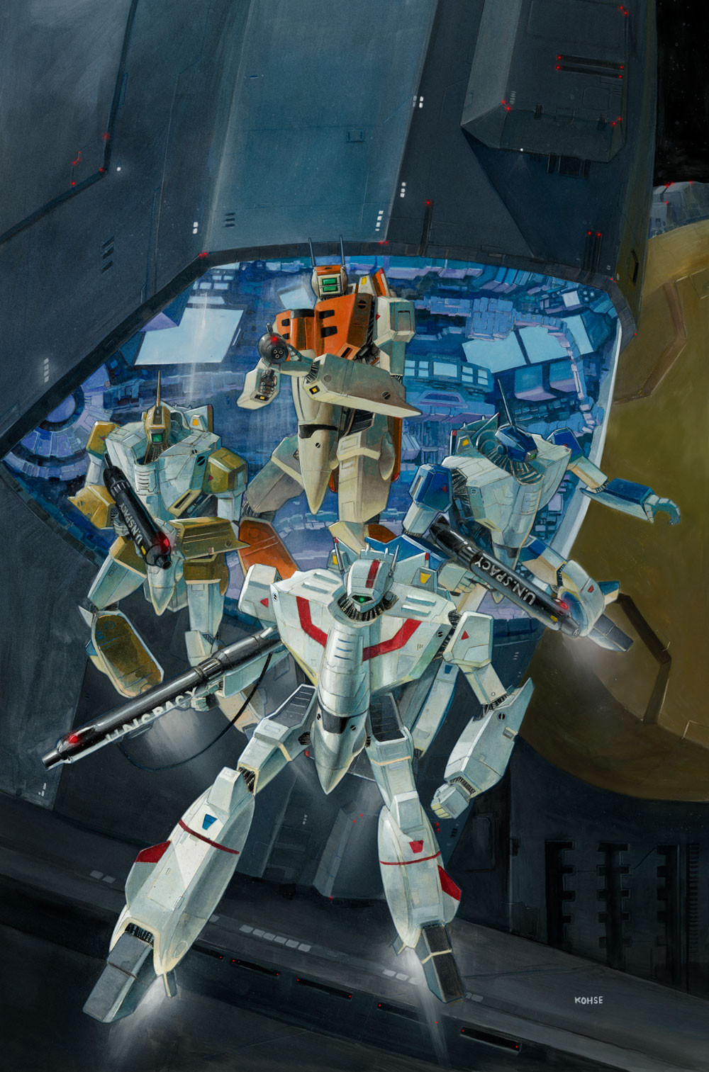 aiming choujikuu_yousai_macross commentary cover energy_cannon english_commentary fleet gunpod highres leekohse lights machinery macross magazine_cover mecha official_art painting_(medium) promotional_art protecting radar_dish realistic retro_artstyle robot robotech roundel scan sdf-1 signature space spacecraft thrusters traditional_media u.n._spacy variable_fighter vf-1 vf-1a vf-1d vf-1j vf-1s zero_gravity