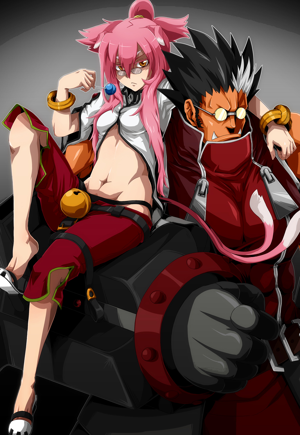 1boy 1girl animal_ears arc_system_works bell black_hair blazblue blazblue:_calamity_trigger bracelet candy capri_pants fangs food glasses gloves highres iron_tager jewelry kokonoe_(blazblue) lollipop long_hair panties pants pink_hair red_pants shoe_dangle tail tansan_otoko thong underwear yellow_eyes