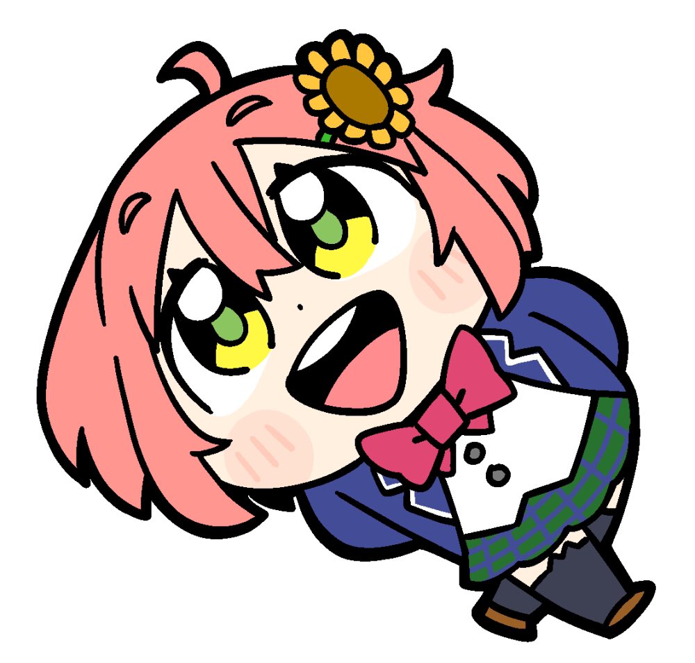 1girl :d ahoge animal_ear_legwear arms_behind_back bkub black_thighhighs blue_jacket blush bow bowtie brown_shoes chibi chibi_only commentary double-parted_bangs flower green_pupils green_skirt hair_between_eyes hair_flower hair_ornament honma_himawari honma_himawari_(1st_costume) jacket long_sleeves miniskirt nijisanji open_clothes open_jacket open_mouth pink_bow pink_bowtie pink_hair plaid_clothes plaid_skirt round_teeth school_uniform shirt shoes short_hair simple_background skirt smile solo sunflower sunflower_hair_ornament teeth thighhighs upper_teeth_only virtual_youtuber white_background white_shirt yellow_eyes yellow_flower zettai_ryouiki