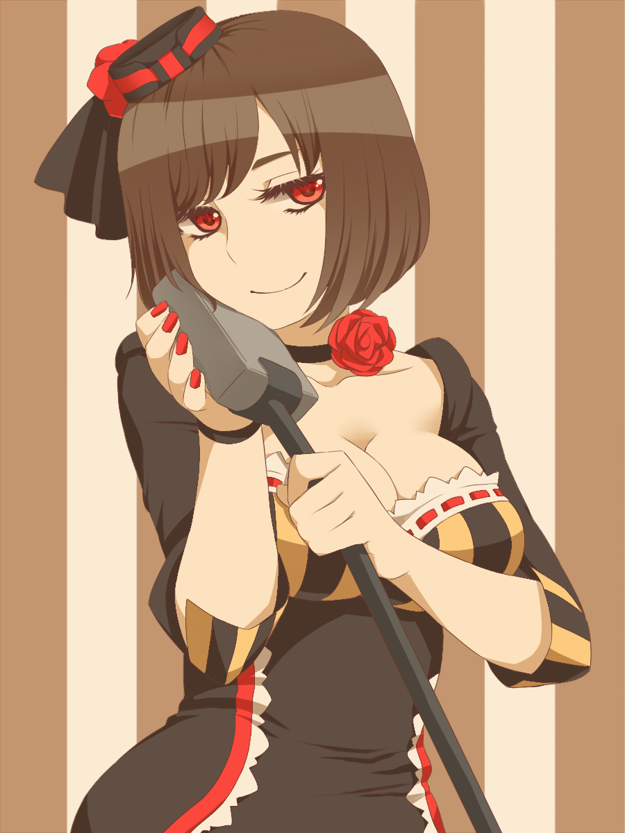 1girl bad_id bad_pixiv_id breasts brown_hair choker cleavage dress eyelashes female_focus fingernails flower hat highres meiko_(lorelei)_(vocaloid) meiko_(vocaloid) microphone mini_hat nail_polish project_diva_(series) project_diva_extend red_eyes red_flower red_rose rose shirane_koitsu short_hair smile solo striped_background vocaloid