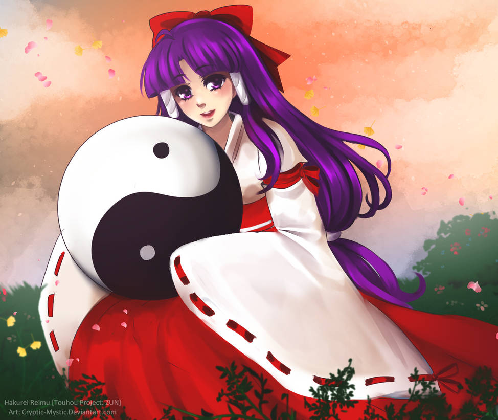 1girl bow cryptmyst detached_sleeves hair_bow hair_tubes hakama hakurei_reimu hakurei_reimu_(pc-98) holding japanese_clothes kimono long_hair long_sleeves open_mouth orb purple_eyes purple_hair red_bow skirt smile solo touhou touhou_(pc-98) wide_sleeves yin_yang yin_yang_orb