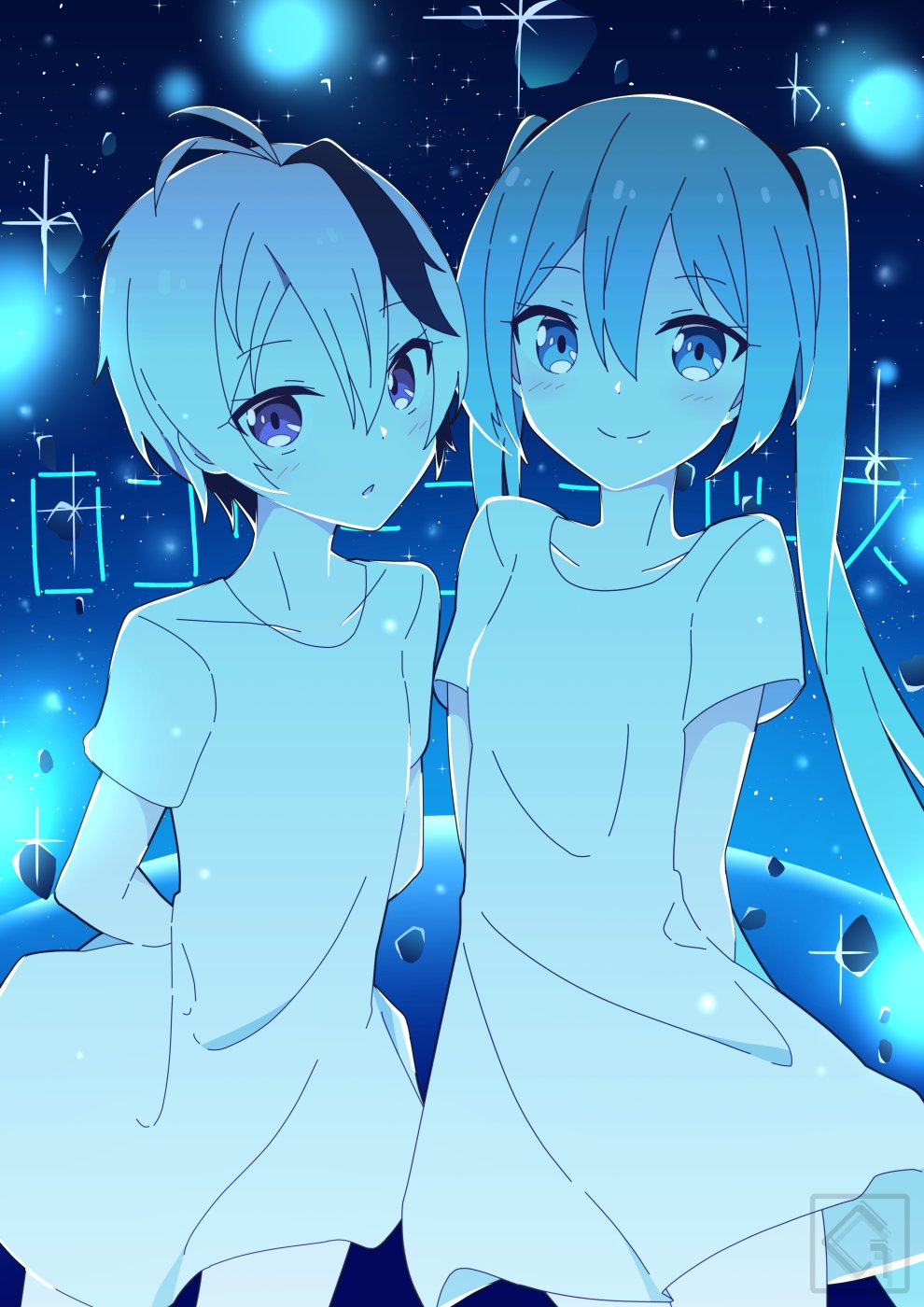 2girls ahoge aqua_eyes aqua_hair arms_behind_back artist_logo asteroid black_hair blue_theme collarbone commentary cowboy_shot flower_(vocaloid) flower_(vocaloid4) giryu hatsune_miku highres light_blush logo long_hair looking_at_viewer multicolored_hair multiple_girls open_mouth purple_eyes shirt short_hair short_sleeves smile song_name sparkle star_(sky) streaked_hair translated twintails two-tone_hair very_long_hair vocaloid white_hair white_shirt