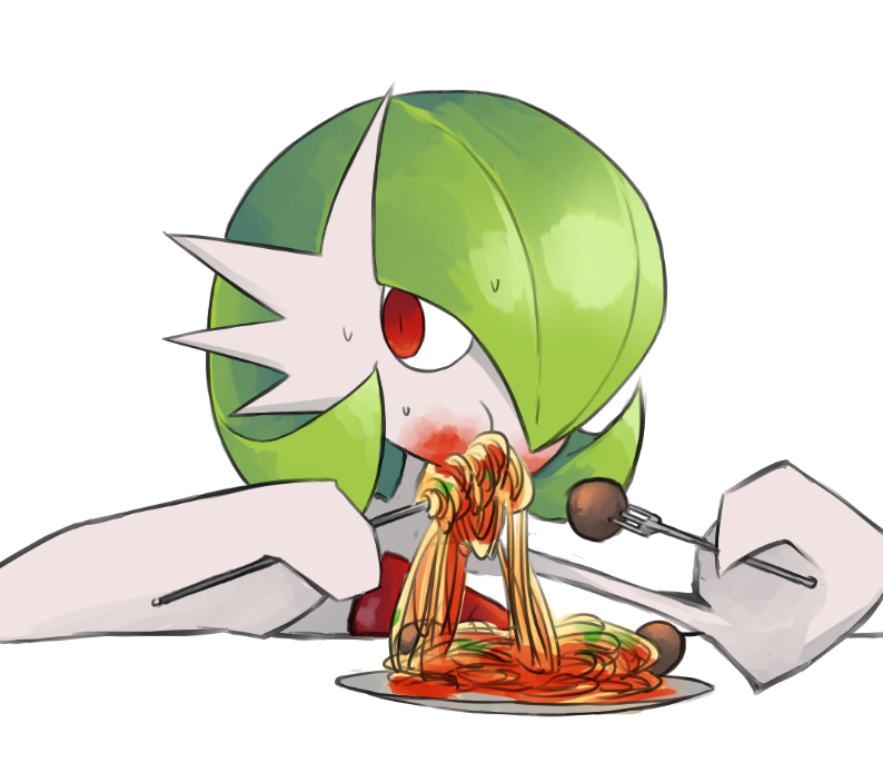 bob_cut colored_skin dmt_(auburn) eating food food_in_mouth food_on_face gardevoir gen_3_pokemon green_hair hair_over_one_eye meatball mega_gardevoir mega_pokemon nintendo pasta plate pokemon pokemon_(creature) red_eyes simple_background spaghetti spaghetti_and_meatballs sweat white_background white_skin