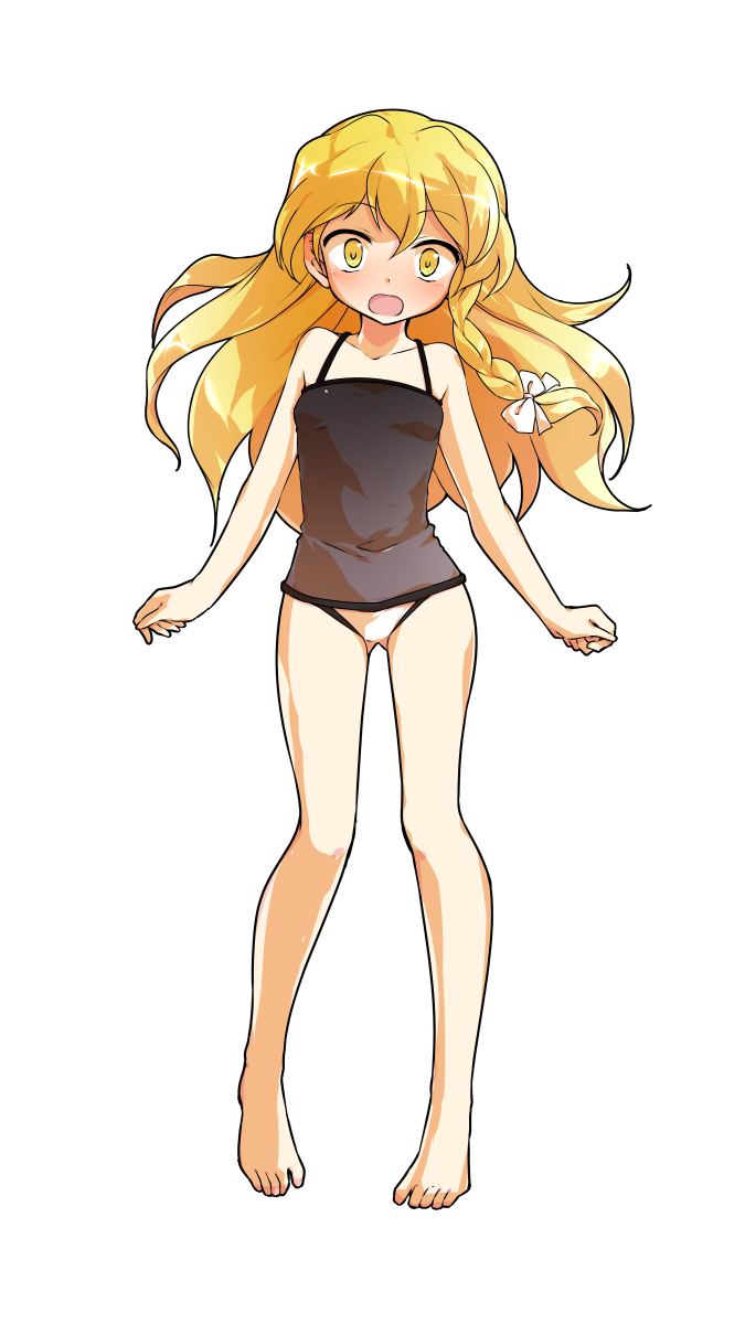 1girl alphes_(style) bare_arms bare_legs bare_shoulders barefoot black_one-piece_swimsuit blonde_hair blush braid breasts casual_one-piece_swimsuit collarbone commentary_request dairi full_body gluteal_fold hair_between_eyes highres kirisame_marisa looking_at_viewer one-piece_swimsuit open_mouth parody side_braid silent_sinner_in_blue single_braid small_breasts solo standing straight-on style_parody swimsuit tachi-e touhou touhou_bougetsushou transparent_background yellow_eyes