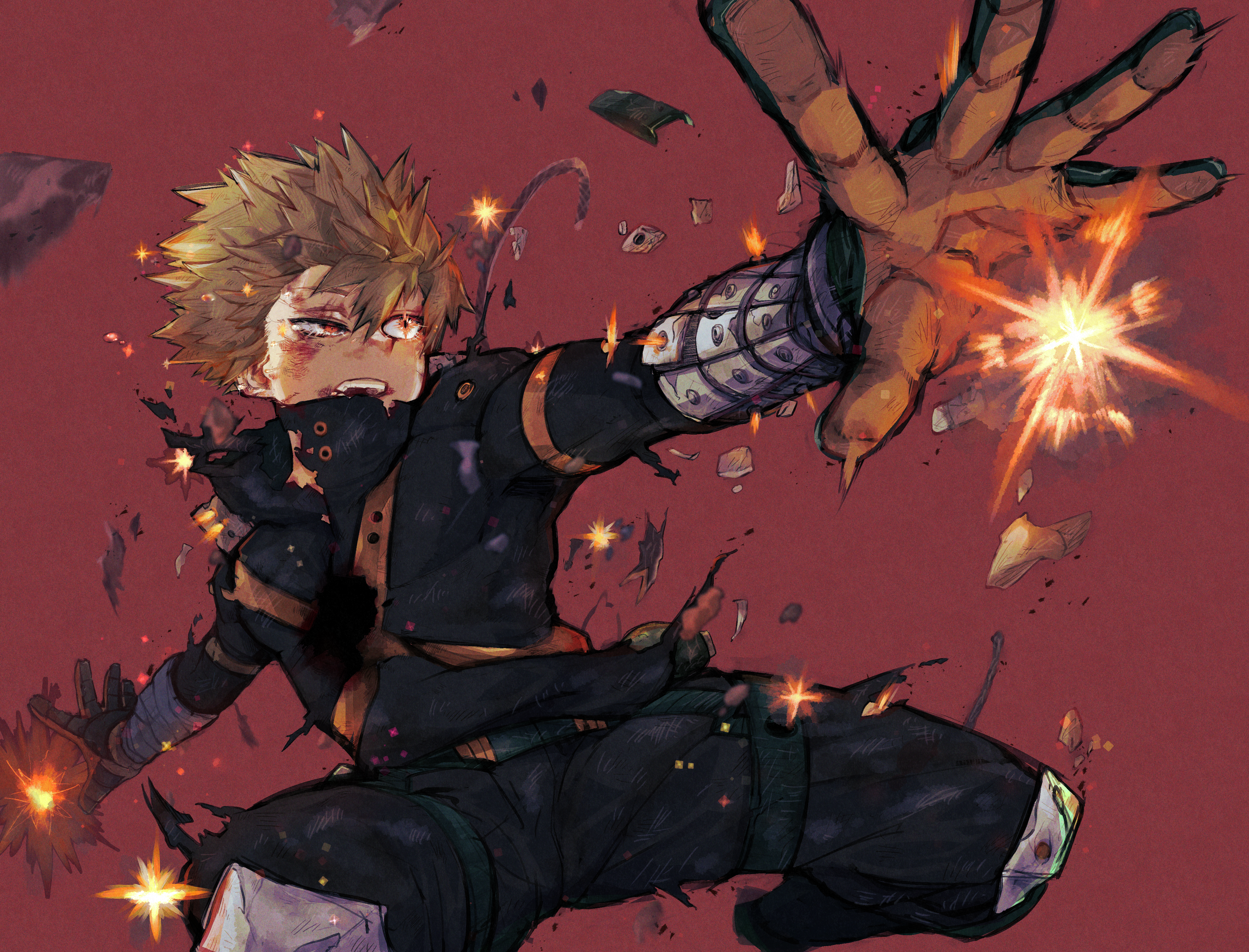 1boy absurdres bakugou_katsuki black_bodysuit black_gloves black_pants blonde_hair blood blood_on_face bodysuit boku_no_hero_academia commentary_request cou_(captain_armstrong) explosion floating_hair gloves heterochromia highres knee_pads looking_to_the_side male_focus open_mouth orange_eyes pants red_background red_eyes red_gloves short_hair solo teeth torn_clothes two-sided_gloves