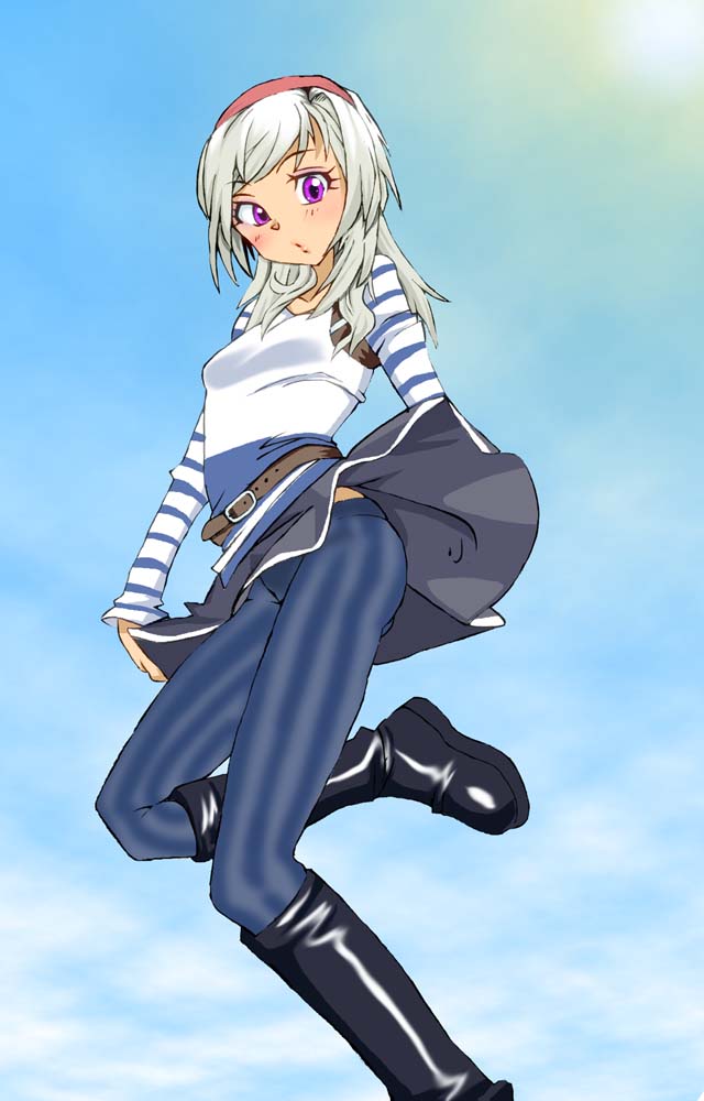 1girl alternate_color belt boots breasts commentary_request end_of_eternity female_focus graphite_(medium) hairband long_hair looking_at_viewer millipen_(medium) onnaski pen_(medium) project_x_zone reanbell skirt smile solo traditional_media