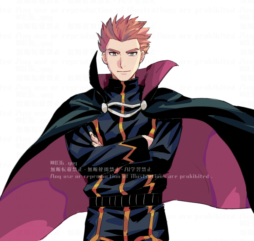 1boy belt black_belt black_cape cape closed_mouth commentary_request crossed_arms jacket lance_(pokemon) long_sleeves looking_at_viewer male_focus nintendo pants pokemon pokemon_hgss red_hair short_hair simple_background smile solo spiked_hair watermark white_background y_(036_yng)