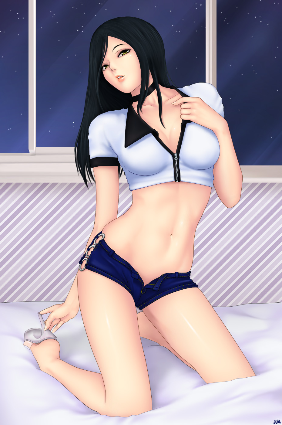 1girl adjusting_footwear aithne_(khalitzburg) bed black_hair breasts choker cleavage crop_top denim denim_shorts female_focus high_heels highres khalitzburg_(user_2274420) kneeling legs long_hair navel no_panties o-ring o-ring_bottom open_fly open_shoes original parted_lips platform_footwear platform_heels room sandals shiny_skin shoes short_shorts shorts sky smile solo unzipped yellow_eyes zipper