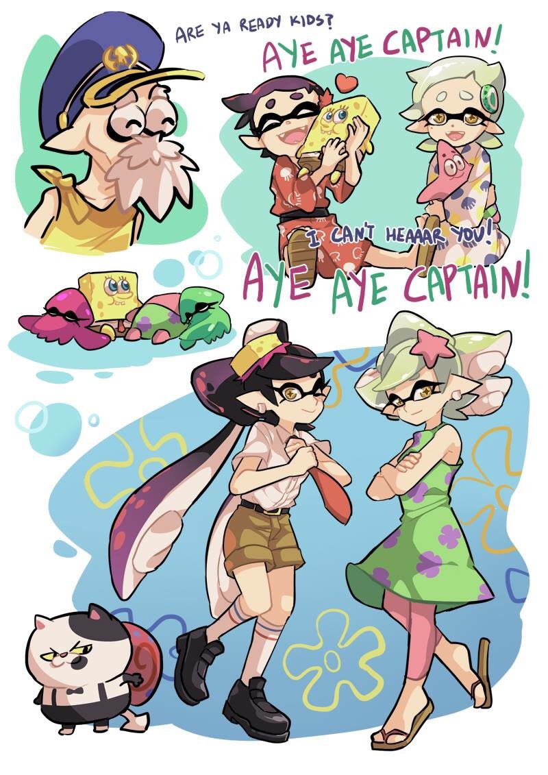 +_+ 2boys 2girls adjusting_clothes adjusting_necktie aged_down beard belt black_hair bow buck_teeth callie_(splatoon) cap&#039;n_cuttlefish cat character_doll closed_eyes cosplay crossed_arms doll dress earrings english_text facial_hair fangs flip-flops freckles gary_the_snail gomipomi hair_bow japanese_clothes jewelry judd_(splatoon) kimono kneehighs leggings looking_at_viewer marie_(splatoon) md5_mismatch multiple_boys multiple_girls necktie nintendo object_on_head old old_man open_mouth pants pants_rolled_up patrick_star patrick_star_(cosplay) red_necktie sandals shorts sleeping sleeveless smile snail socks splatoon_(series) splatoon_1 spongebob_squarepants spongebob_squarepants_(cosplay) spongebob_squarepants_(series) squid starfish striped_clothes striped_socks stuffed_toy sundress teeth tentacle_hair white_hair