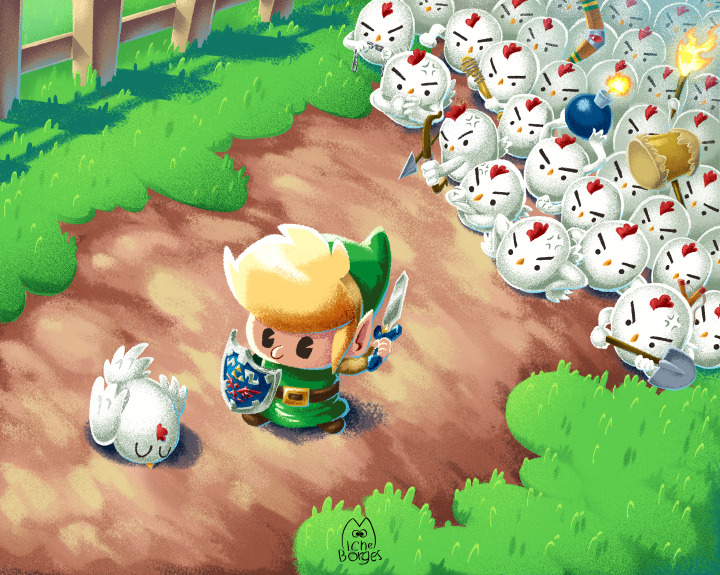 1boy anger_vein angry animal barbed_wire baseball_bat belt bird black_eyes bomb boomerang bow_(weapon) brown_belt chicken cucco explosive fence green_headwear green_tunic holding holding_baseball_bat holding_bomb holding_bow_(weapon) holding_mallet holding_shield holding_shovel holding_sword holding_torch holding_weapon hylian_shield link mallet michel_borges nintendo no_mouth outdoors pac-man_eyes photoshop_(medium) shield shovel solid_circle_eyes sword the_legend_of_zelda torch tunic weapon