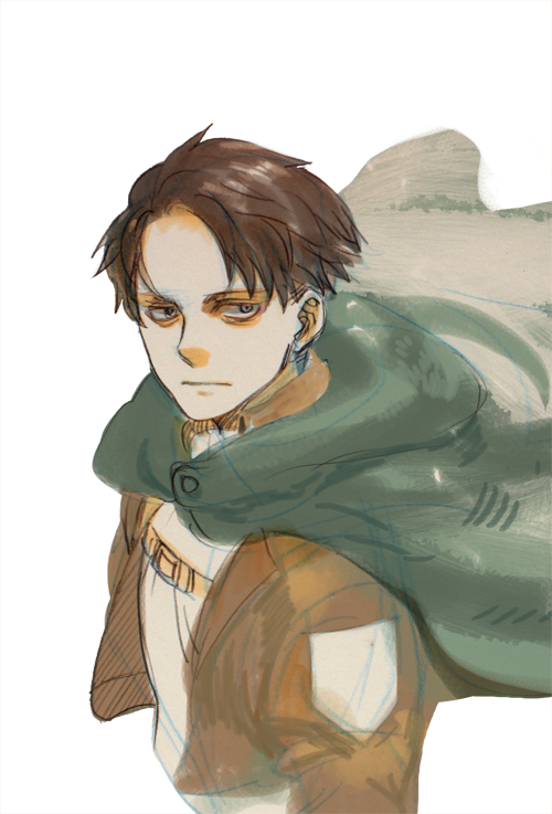 1boy brown_jacket capelet chest_belt cropped_torso green_capelet jacket levi_(shingeki_no_kyojin) looking_at_viewer looking_to_the_side male_focus paradis_military_uniform prema-ja shingeki_no_kyojin short_hair solo white_background