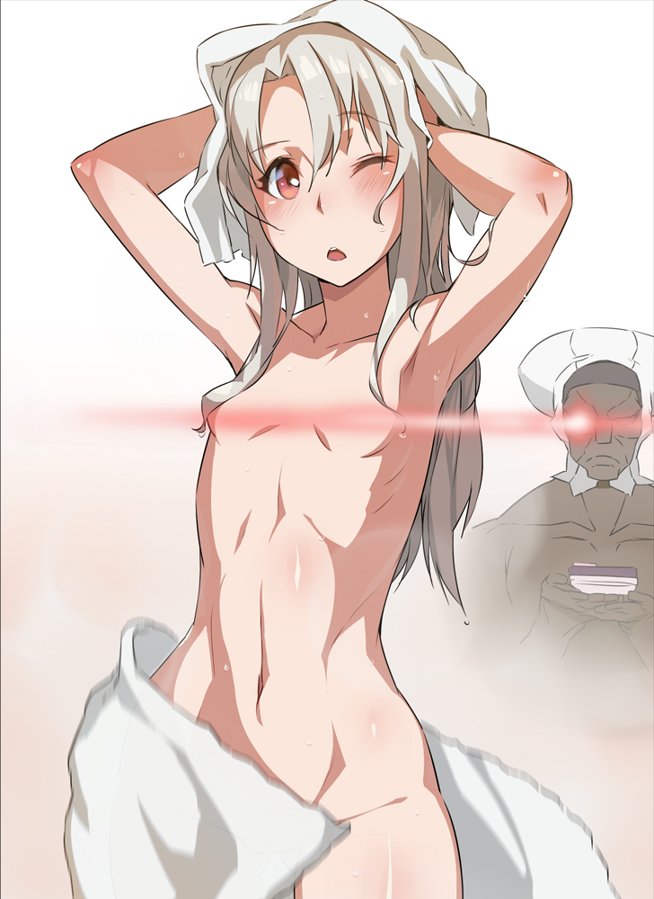 1boy 1girl armpits blush convenient_censoring copyright_request cosplay dark_skin fate/kaleid_liner_prisma_illya fate/stay_night fate_(series) flat_chest glowing glowing_eye groin heracles_(fate) hip_focus illyasviel_von_einzbern kurowa leysritt_(fate) leysritt_(fate)_(cosplay) long_hair navel nude one_eye_closed open_mouth red_eyes solo_focus towel towel_on_head white_hair