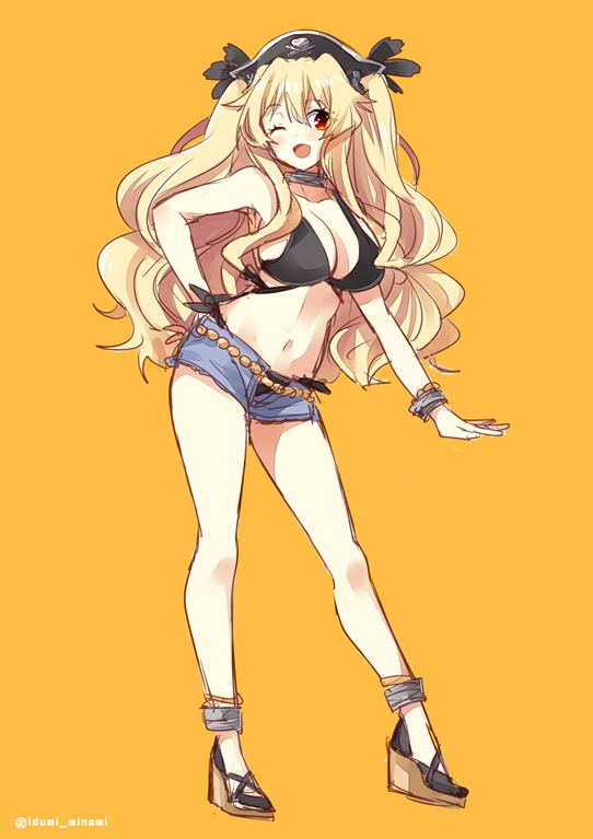 1girl anne_bonny_(fate) anne_bonny_(swimsuit_archer)_(first_ascension)_(fate) blonde_hair breasts cleavage collarbone denim denim_shorts fate_(series) full_body hat high_heels izumi_minami large_breasts navel one_eye_closed open_mouth pirate_hat shorts simple_background smile solo twintails yellow_background