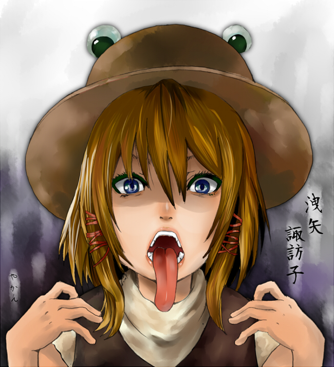 1girl bad_id bad_pixiv_id blonde_hair blue_eyes character_name female_focus hat long_tongue moriya_suwako short_hair solo tongue tongue_out touhou yakan_7 yukinojou_yakan