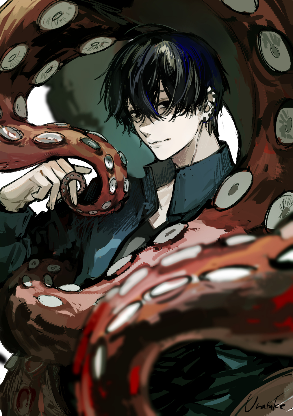 1boy black_hair chainsaw_man ear_piercing highres looking_at_viewer male_focus mole mole_under_mouth multiple_piercings open_mouth piercing shirt short_hair simple_background solo tentacles uratake yoshida_hirofumi