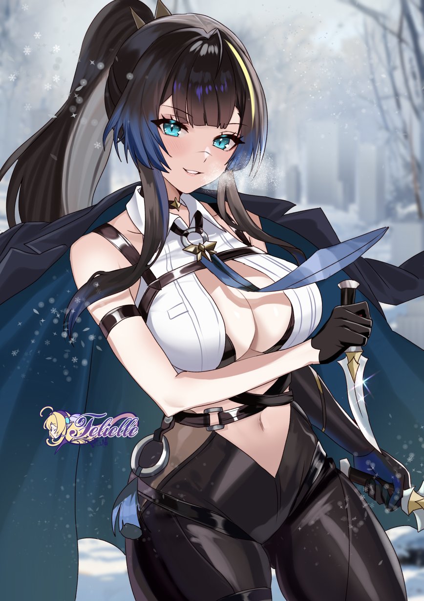 arm_strap artist_logo bare_shoulders black_gloves black_hair black_jacket black_pants blue_eyes blue_hair blue_necktie breasts breath center_opening clothing_cutout collared_shirt commentary commission cosplay cowboy_shot dagger dual_wielding elbow_gloves english_commentary evelyn_chevalier evelyn_chevalier_(cosplay) felielle gloves highres holding holding_dagger holding_knife holding_weapon jacket jacket_on_shoulders katya_klein knife large_breasts logo long_hair looking_at_viewer multicolored_hair navel necktie outdoors pants parted_lips ponytail shirt single_elbow_glove sleeveless sleeveless_shirt smile snow snowbreak:_containment_zone stomach stomach_cutout streaked_hair tight_clothes tight_pants weapon white_shirt winter zenless_zone_zero