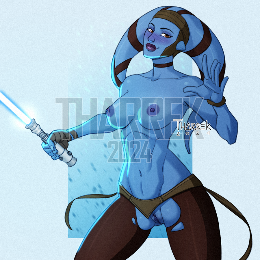 1girl aayla_secura abstract_background alien artist_name belt blue_lightsaber blue_nipples blue_pussy blue_skin blush breasts brown_belt brown_choker brown_eyes brown_leggings choker clitoris colored_nipples colored_pussy colored_skin commentary dated energy_sword english_commentary headgear holding holding_sword holding_weapon jedi jewelry leggings lightsaber medium_breasts navel necklace nipples pussy solo star_wars sword tharrrek topless_female torn_clothes torn_leggings twi&#039;lek watermark weapon