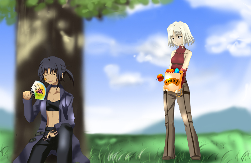 2girls 428 428:_fuusa_sareta_shibuya_de alphard_(canaan) black_hair canaan_(character) canaan_(series) chunsoft gun multiple_girls ponytail short_hair sleeveless sleeveless_turtleneck turtleneck weapon white_hair