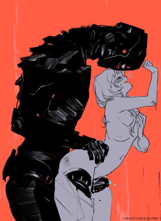 1boy 1girl against_wall ass blush breasts closed_eyes completely_nude erection from_side grabbing_own_breast grinding groping hand_on_another&#039;s_hip height_difference hetero humanoid_robot leaning_forward long_hair navel nipples nude open_mouth orange_background original prosthesis prosthetic_leg pussy_juice ratio_(robots_&amp;_lace) robot robots_&amp;_lace sarah_stone sex sex_from_behind simple_background small_breasts standing sweat tumblr_username valence_(robots_&amp;_lace)