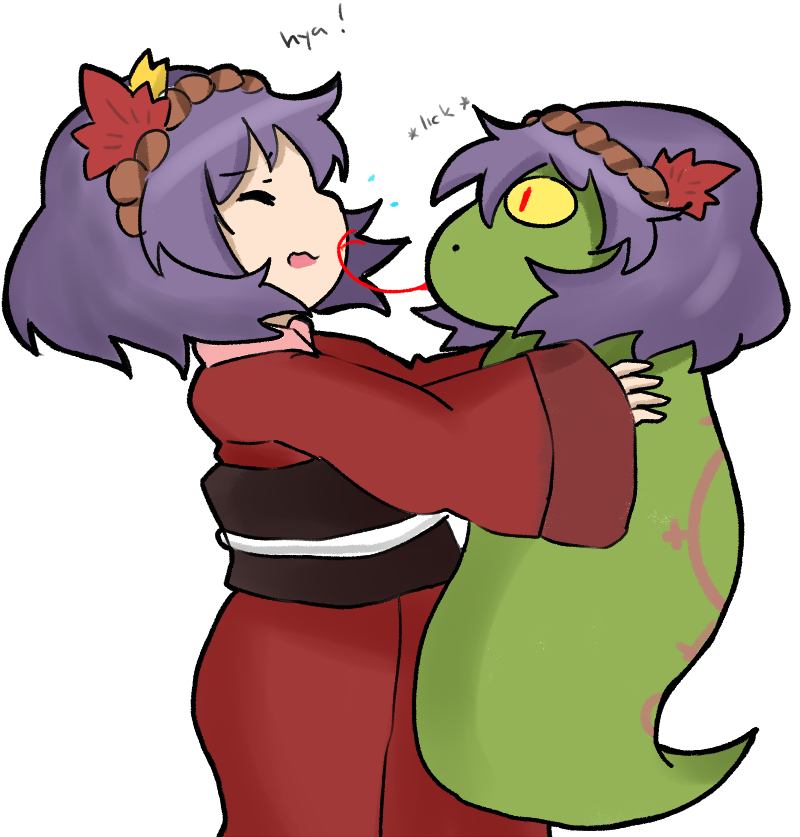 1girl aged_down alternate_costume animal autumn_leaves blush closed_eyes drawfag english_text female_focus holding holding_animal japanese_clothes kimono leaf licking obi purple_hair rope sash shimenawa short_hair simple_background sketch smile snake-eyed_kanako socks solo surprised touhou ume_(noraneko) white_background yasaka_kanako yasaka_kanako_(snake) yellow_eyes