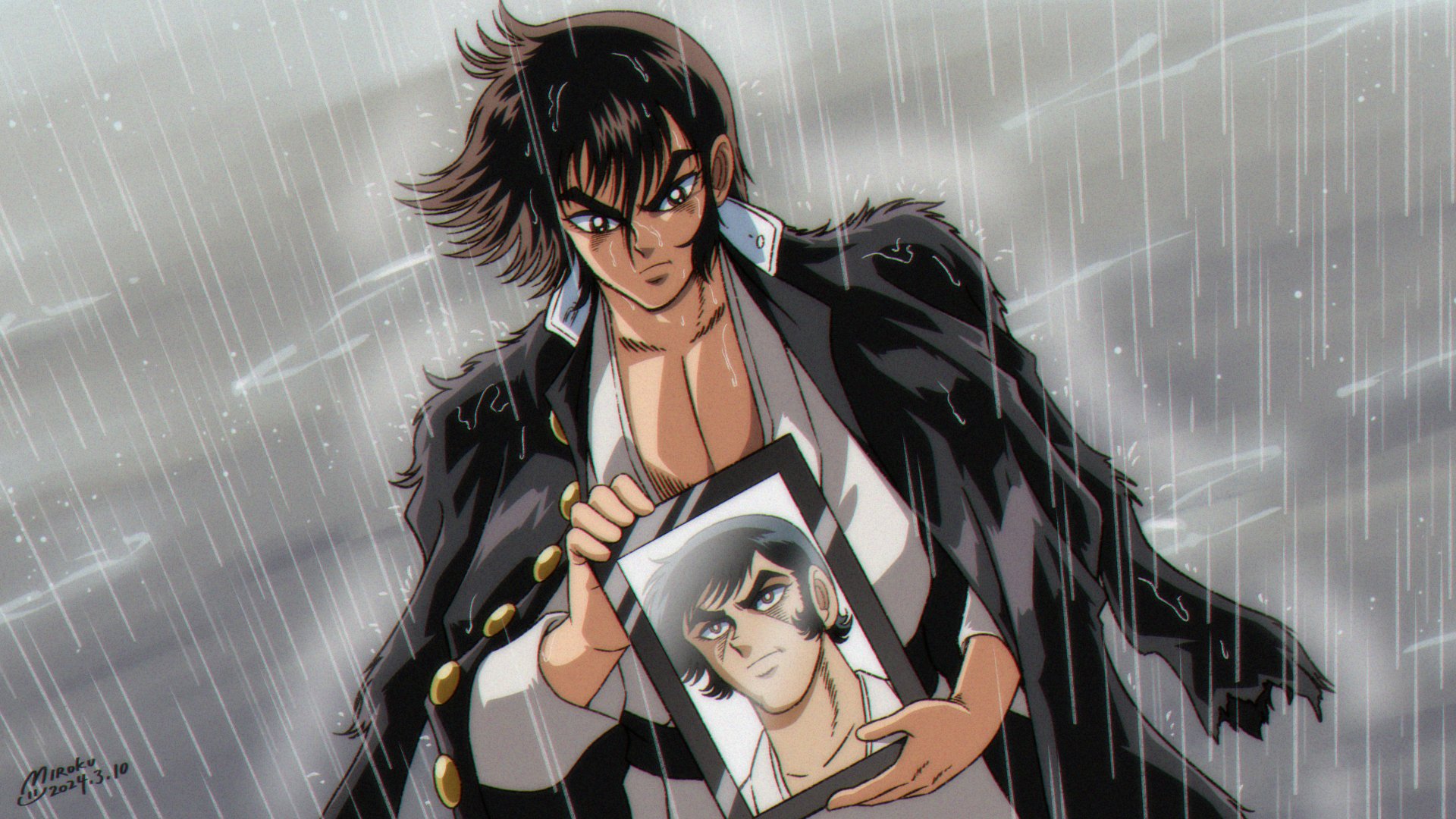 1boy black_jacket brown_hair comic_panel_redraw cowboy_shot derivative_work dougi fake_screenshot father_and_son frown gakuran getter_robo getter_robo_(classic) highres holding holding_photo holding_picture_frame ishikawa_ken_(style) jacket jacket_on_shoulders karate_gi male_focus martial_arts_belt miroku_(miroku_t) nagare_ichigan nagare_ryoma official_style pectoral_cleavage pectorals photo_(object) picture_frame portrait_(object) rain school_uniform short_hair solo v-shaped_eyebrows