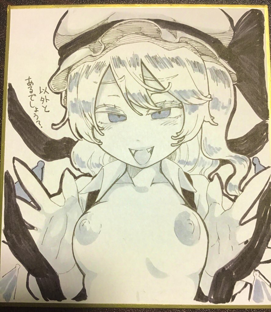 1girl blush bow breasts collared_shirt commentary_request fangs flandre_scarlet greyscale hat hat_bow looking_at_viewer medium_breasts mob_cap monochrome one_side_up open_clothes open_mouth open_shirt shika_miso shikishi shirt simple_background smile smug solo touhou translation_request upper_body wings