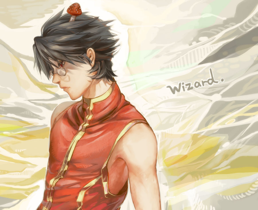 1boy black_hair character_name commentary_request glasses grey_background male_focus mushroom_on_head open_mouth pince-nez ragnarok_online red_eyes red_shirt shirt short_hair sleeveless sleeveless_shirt solo tokiwa_tsuneba upper_body white_background wizard_(ragnarok_online)