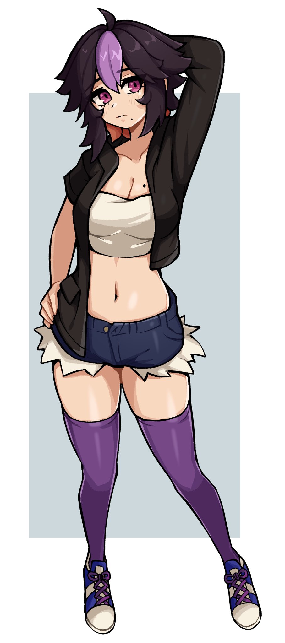 1girl arm_behind_head arm_up black_jacket blue_shoes blue_shorts breasts cleavage closed_mouth commentary commission double-parted_bangs english_commentary full_body highres jacket looking_at_viewer medium_breasts midriff mole mole_on_breast mole_under_mouth navel oninuer open_clothes open_jacket original purple_eyes purple_hair purple_thighhighs shoes short_hair short_shorts shorts simple_background solo strapless thighhighs tube_top white_tube_top