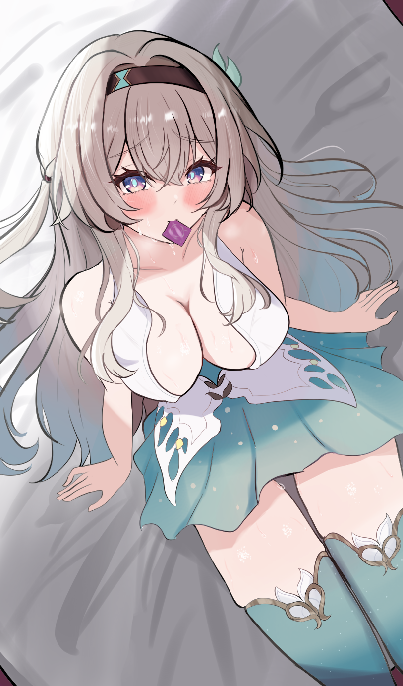 1girl bare_shoulders black_hairband blush breasts cleavage closed_mouth collarbone condom condom_in_mouth dress firefly_(honkai:_star_rail) gradient_hair green_dress green_thighhighs grey_hair hairband highres honkai:_star_rail honkai_(series) large_breasts long_hair looking_at_viewer mouth_hold multicolored_hair nuuuukoame on_bed pink_eyes sitting sweat thick_thighs thighhighs thighs