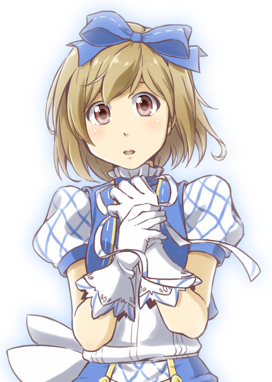 1girl alternate_costume alto-00 blonde_hair blue_ribbon brown_eyes djeeta_(granblue_fantasy) dress female_focus gloves granblue_fantasy hair_ribbon highres idol kimi_to_boku_no_mirai looking_at_viewer open_mouth puffy_sleeves ribbon short_hair short_sleeves skirt solo white_gloves