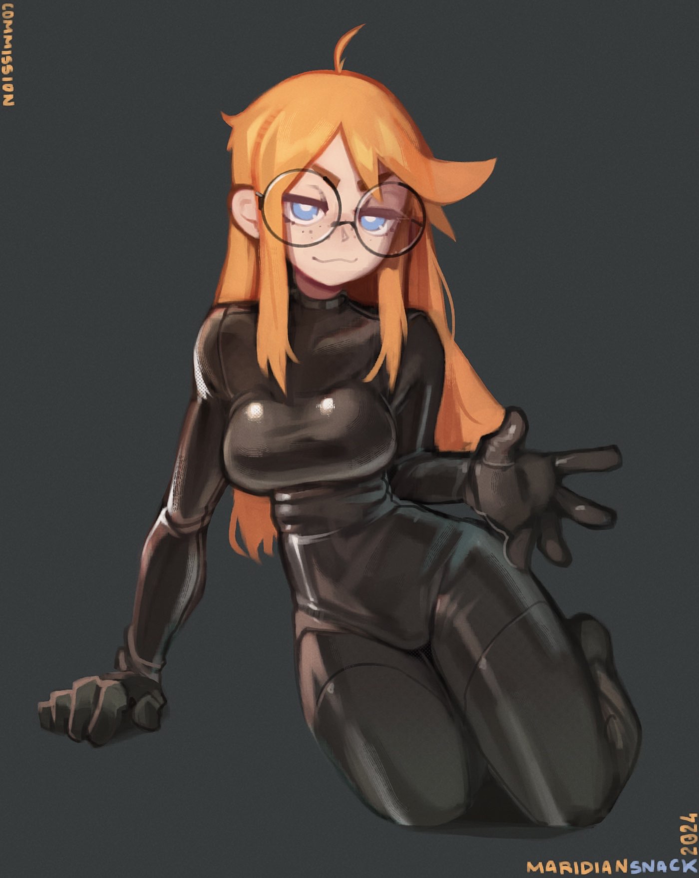 1girl ahoge black-framed_eyewear black_background black_bodysuit bodysuit borrowed_character breasts closed_mouth commission freckles full_body glasses highres large_breasts latex latex_bodysuit looking_at_viewer maridiansnack orange_hair original round_eyewear simple_background siri_jay smile solo
