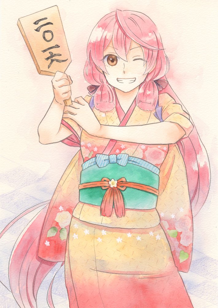 10s 1girl akashi_(kancolle) akashi_(new_year)_(kancolle) female_focus grin hagoita hair_ribbon hodo_(fujitaka) japanese_clothes kantai_collection kimono long_hair looking_at_viewer marker_(medium) obi one_eye_closed paddle painting_(medium) pink_eyes pink_hair ribbon sash smile solo traditional_media tress_ribbon twintails watercolor_(medium) yukata