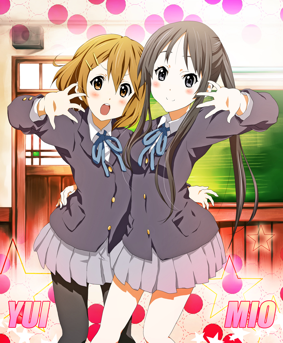 2girls akiyama_mio black_eyes black_hair blush bow brown_eyes brown_hair character_name hair_ornament hairclip highres hirasawa_yui k-on! long_hair minimaru multiple_girls pantyhose ponytail school_uniform skirt smile symmetrical_hand_pose