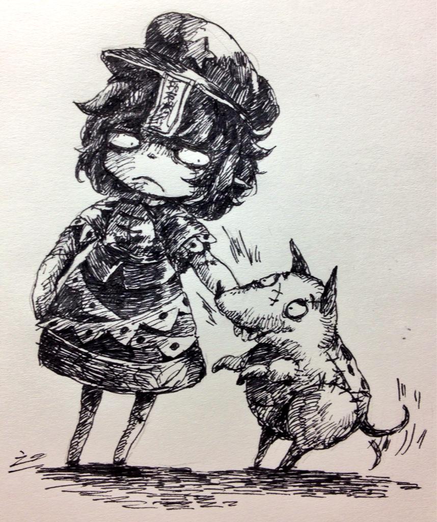 1girl biting dog frankenweenie hat koto_inari miyako_yoshika monochrome ofuda sparky_(frankenweenie) stitches touhou